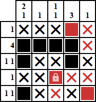 A solution to a 5x5 nonogram puzzle.